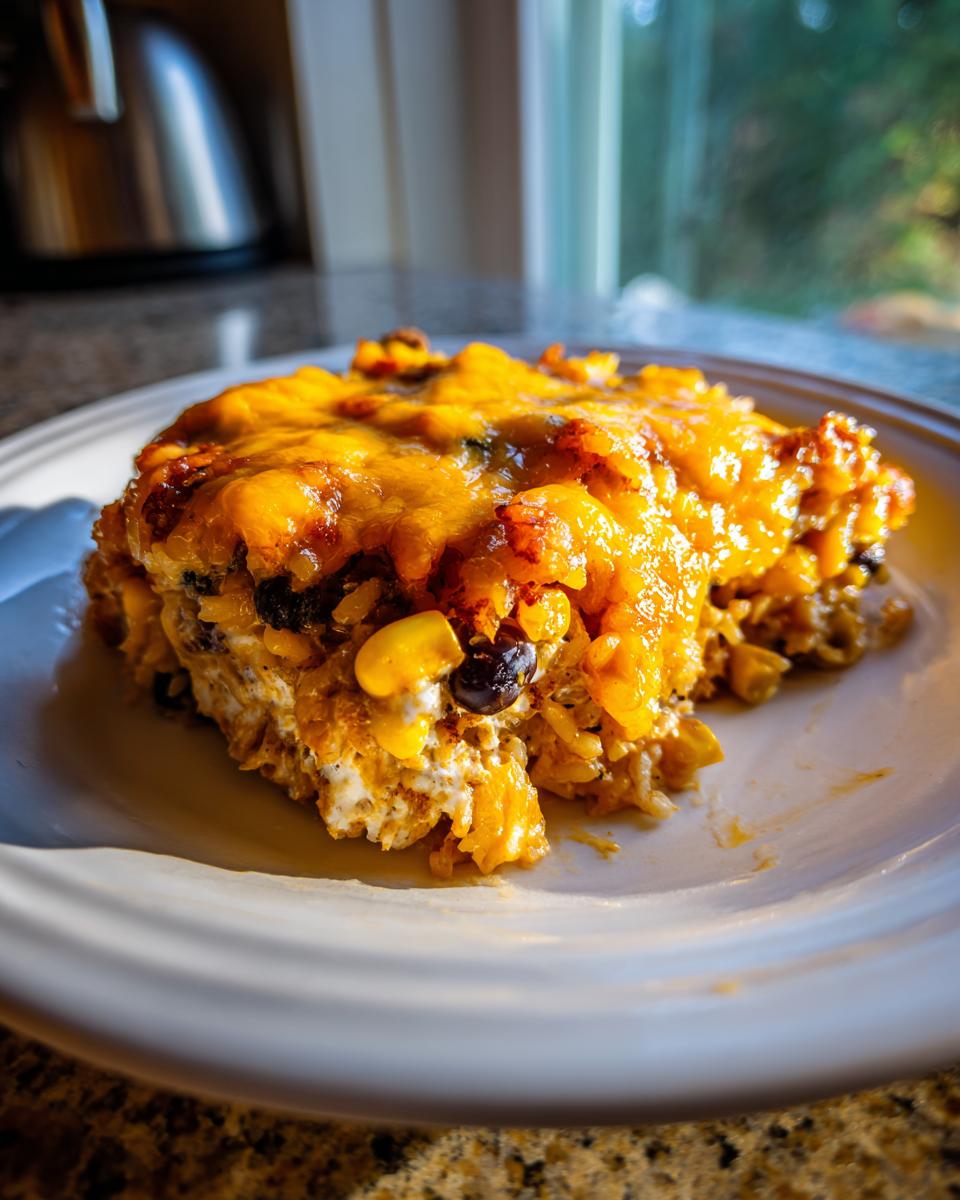A close-up serving of cheesy Mexican rice casserole topped with melted cheddar, showing rice, black beans, and corn.