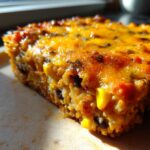 A close-up, sunlit slice of Mexican rice casserole topped with melted orange cheese, corn, and black beans.