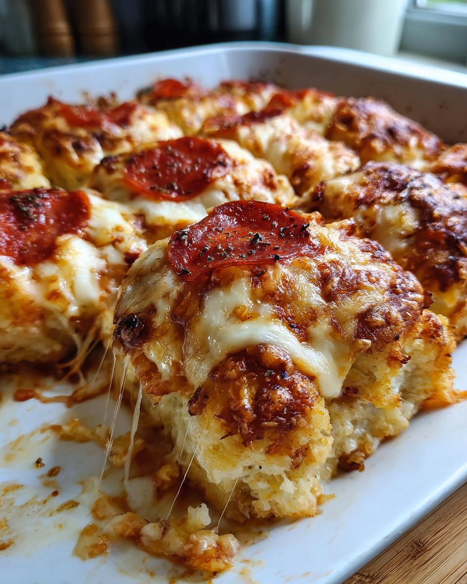 A close-up of a freshly baked pizza casserole with melted, stringy cheese and pepperoni slices.