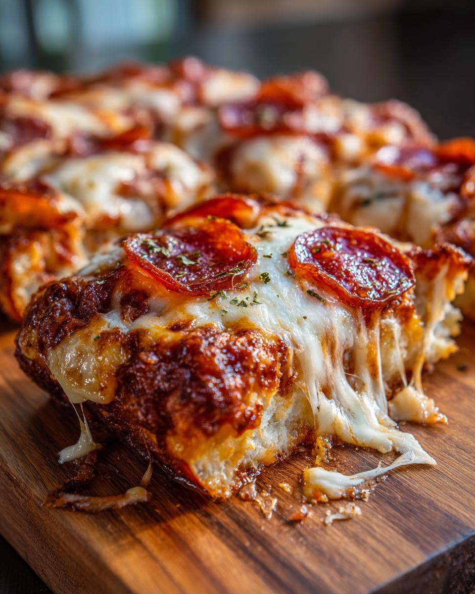 Close-up of a gooey, cheesy slice of pepperoni pizza casserole being pulled apart.