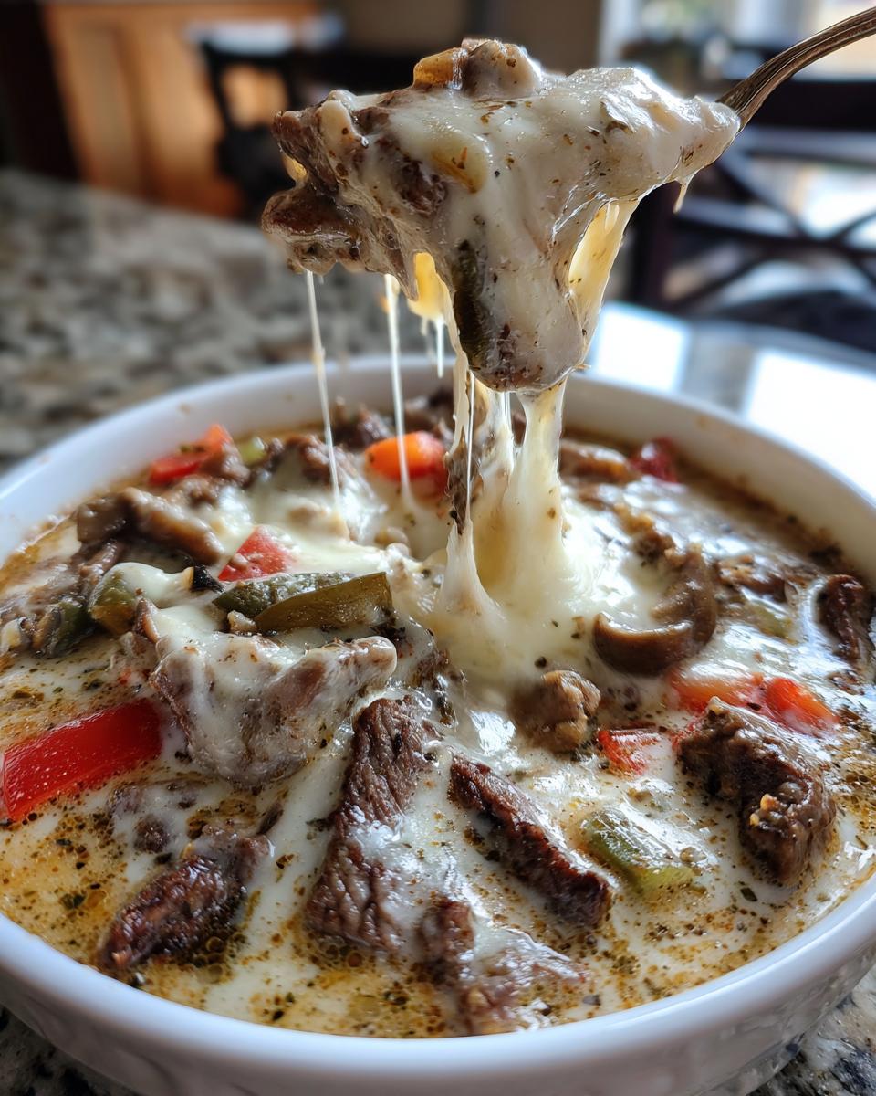 A fork lifts a cheesy, meaty bite out of a bowl of rich philly cheese steak soup, showing a dramatic cheese pull.