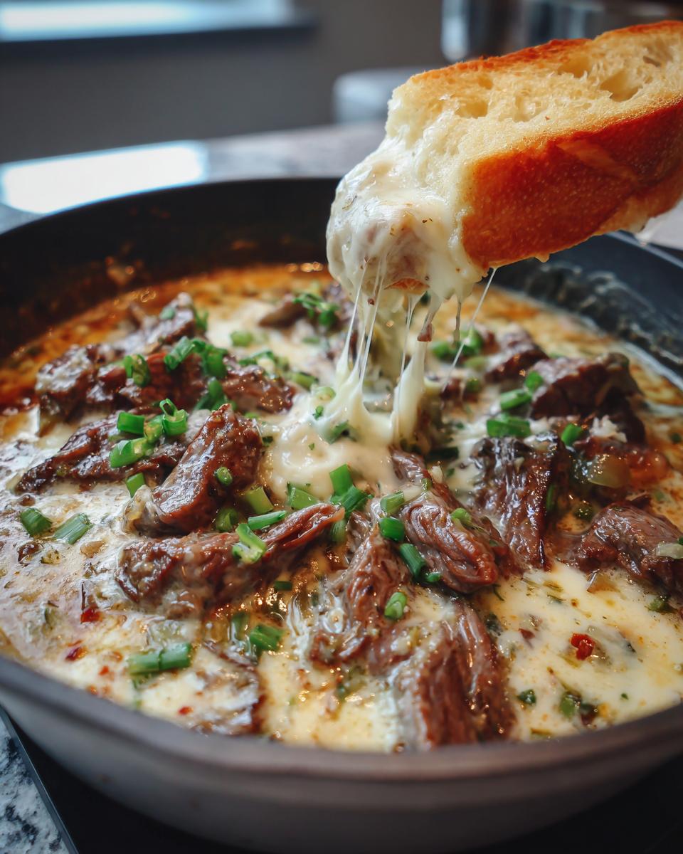 A piece of bread dripping with melted cheese being dipped into a skillet of rich philly cheese steak soup with steak and green onions.