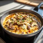 Close-up of rich, cheesy philly cheese steak soup topped with melted cheese and chives in a black skillet.
