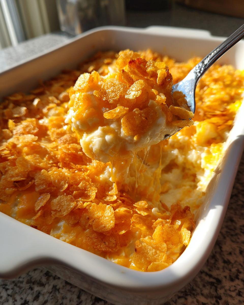 A spoonful of creamy, cheesy potato casserole being lifted from a white baking dish, covered in crunchy corn flakes.