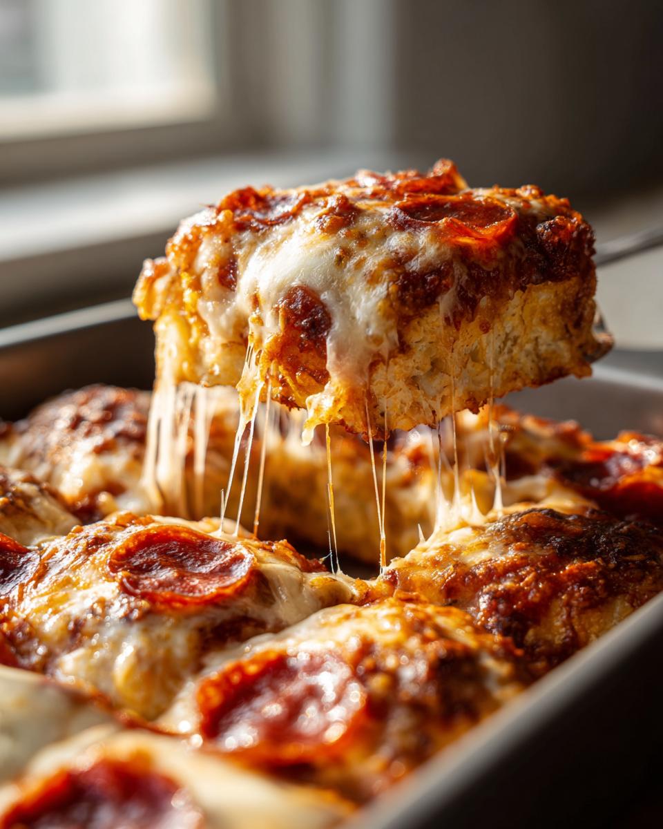 A serving being lifted from a baked pizza casserole, showing extreme cheese pull with pepperoni.
