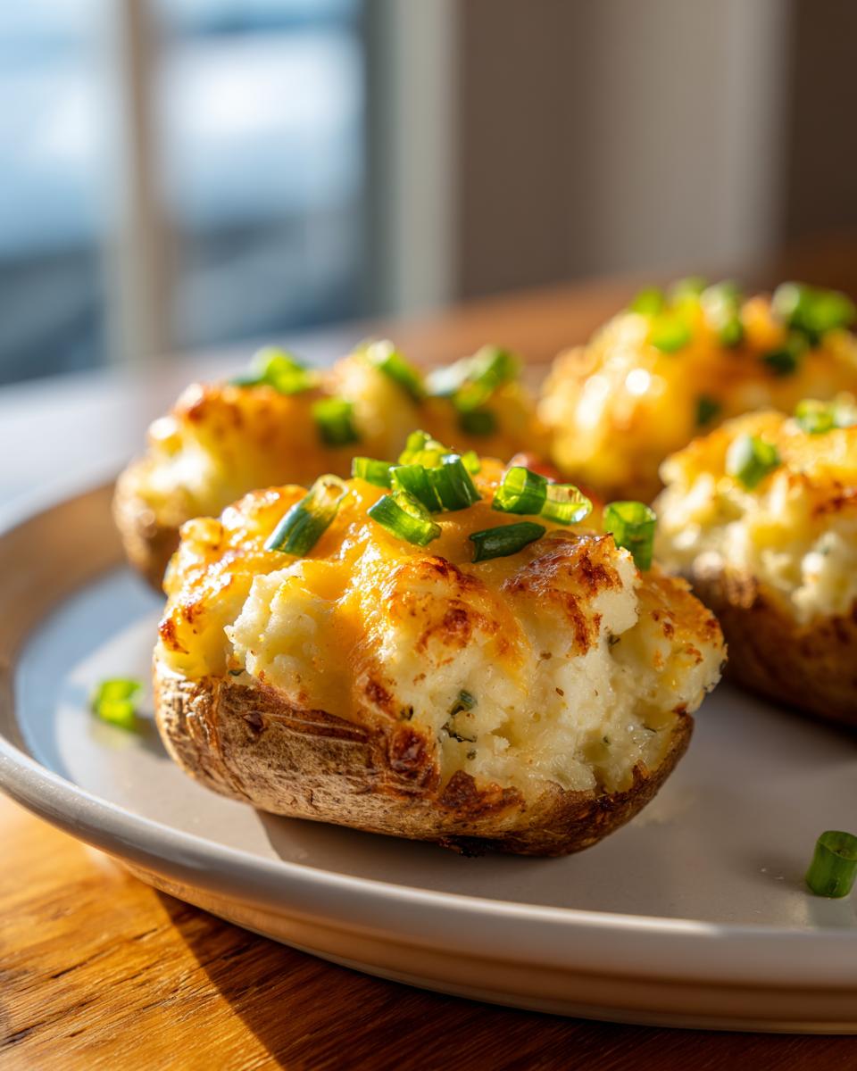 A close-up of perfectly baked twice baked potatoes stuffed with creamy filling, topped with melted cheddar cheese and fresh green onions.