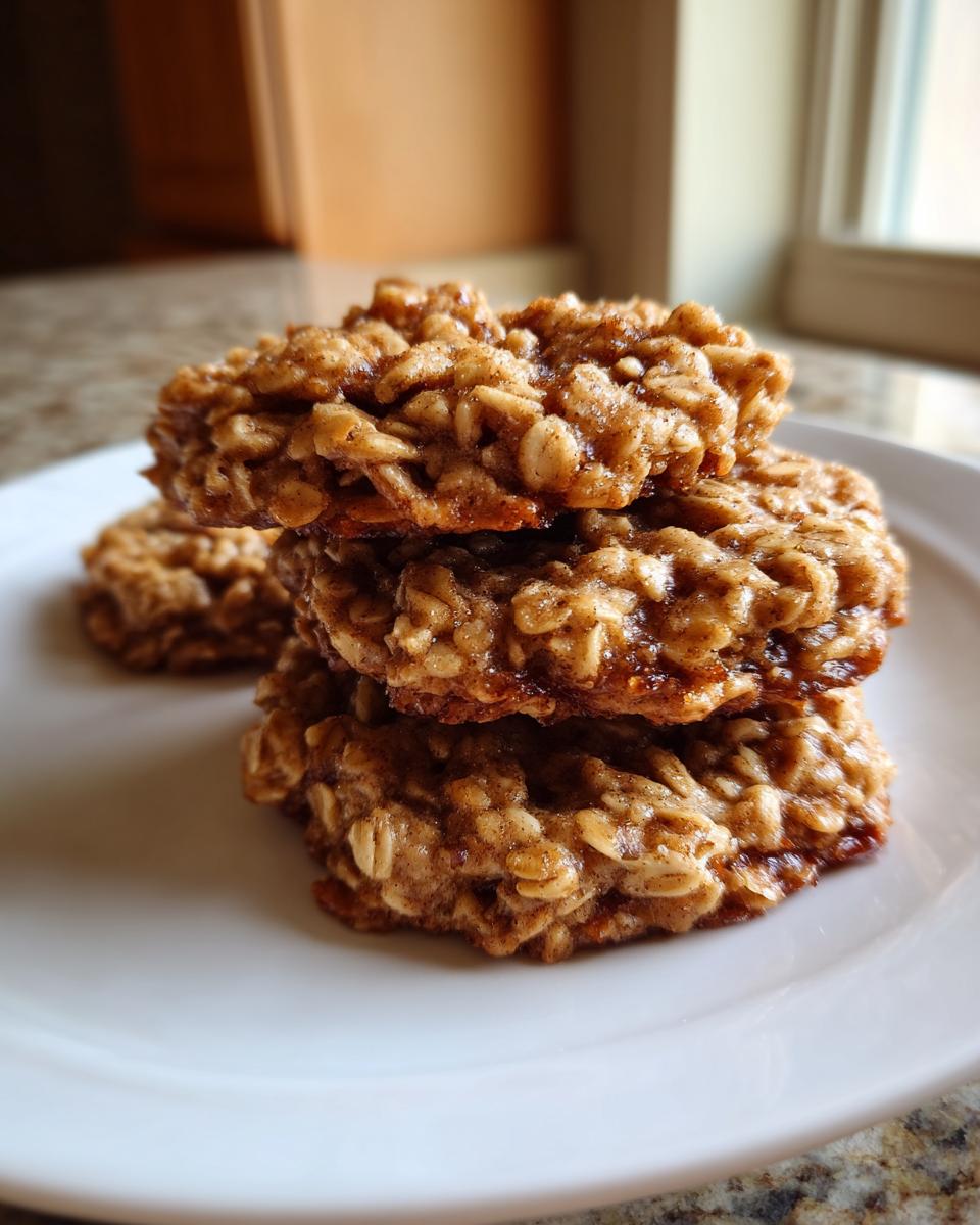 A close-up stack of three chewy banana oatmeal cookies resting on a white plate.