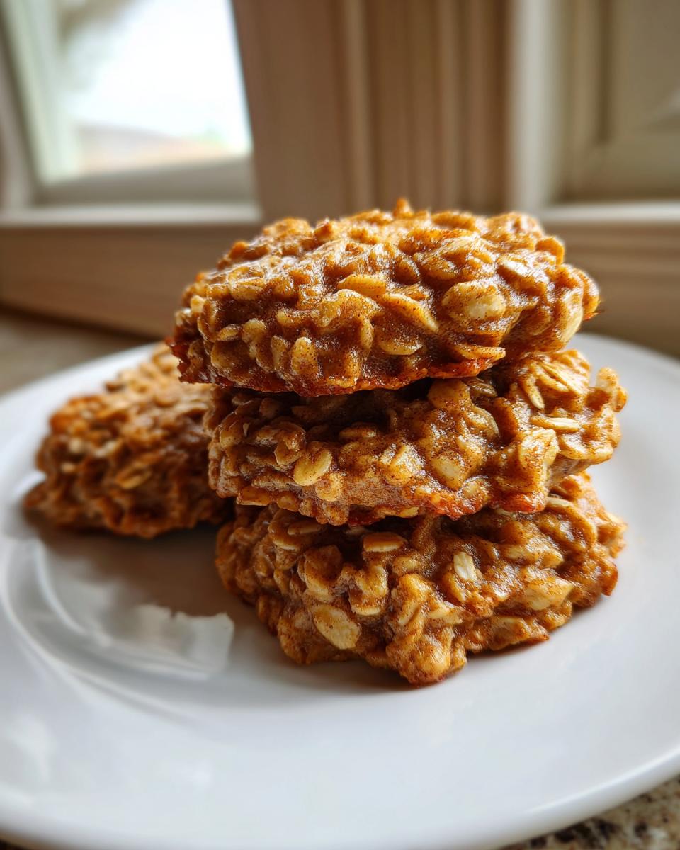 A stack of three chewy banana oatmeal cookies piled on a white plate, showing visible oats and a moist texture.