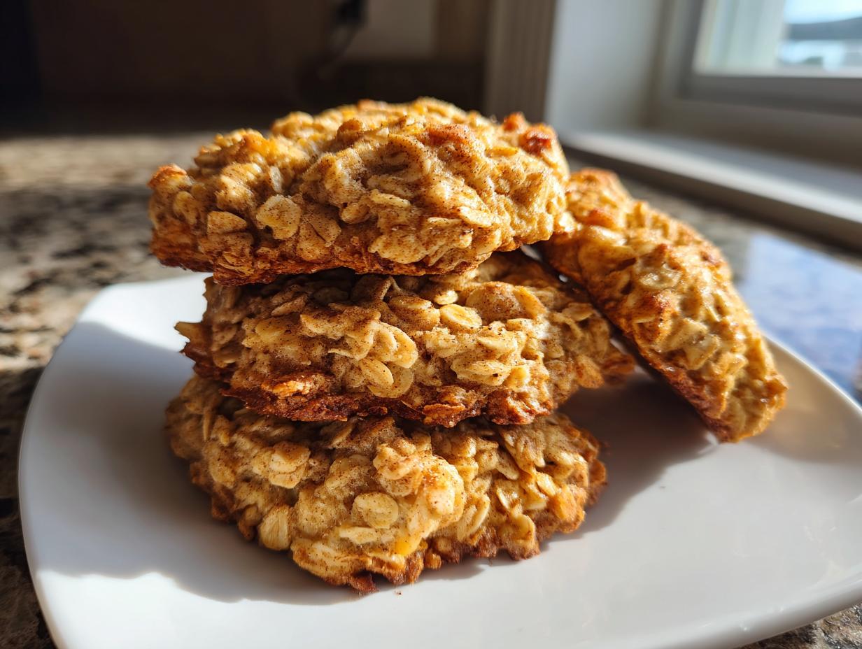 A stack of four chewy banana oatmeal cookies, heavily textured with oats and cinnamon, sitting on a white plate.