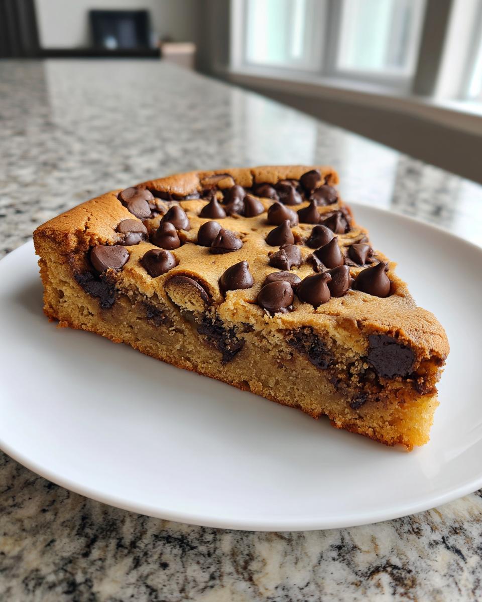 A perfect slice of chewy chocolate chip cookie cake served on a white plate.