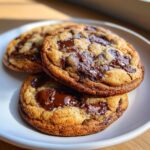 Close-up of three perfectly baked, golden brown chewy chocolate chip cookies stacked slightly on a white plate.