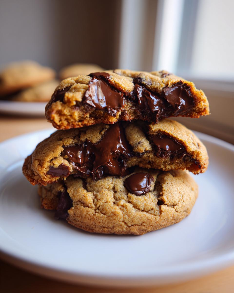 Close-up of three chewy chocolate chip cookies stacked, showing the gooey, melted chocolate center.