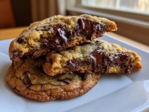 Close-up of two halves of a chewy chocolate chip cookie showing gooey, melted chocolate center.