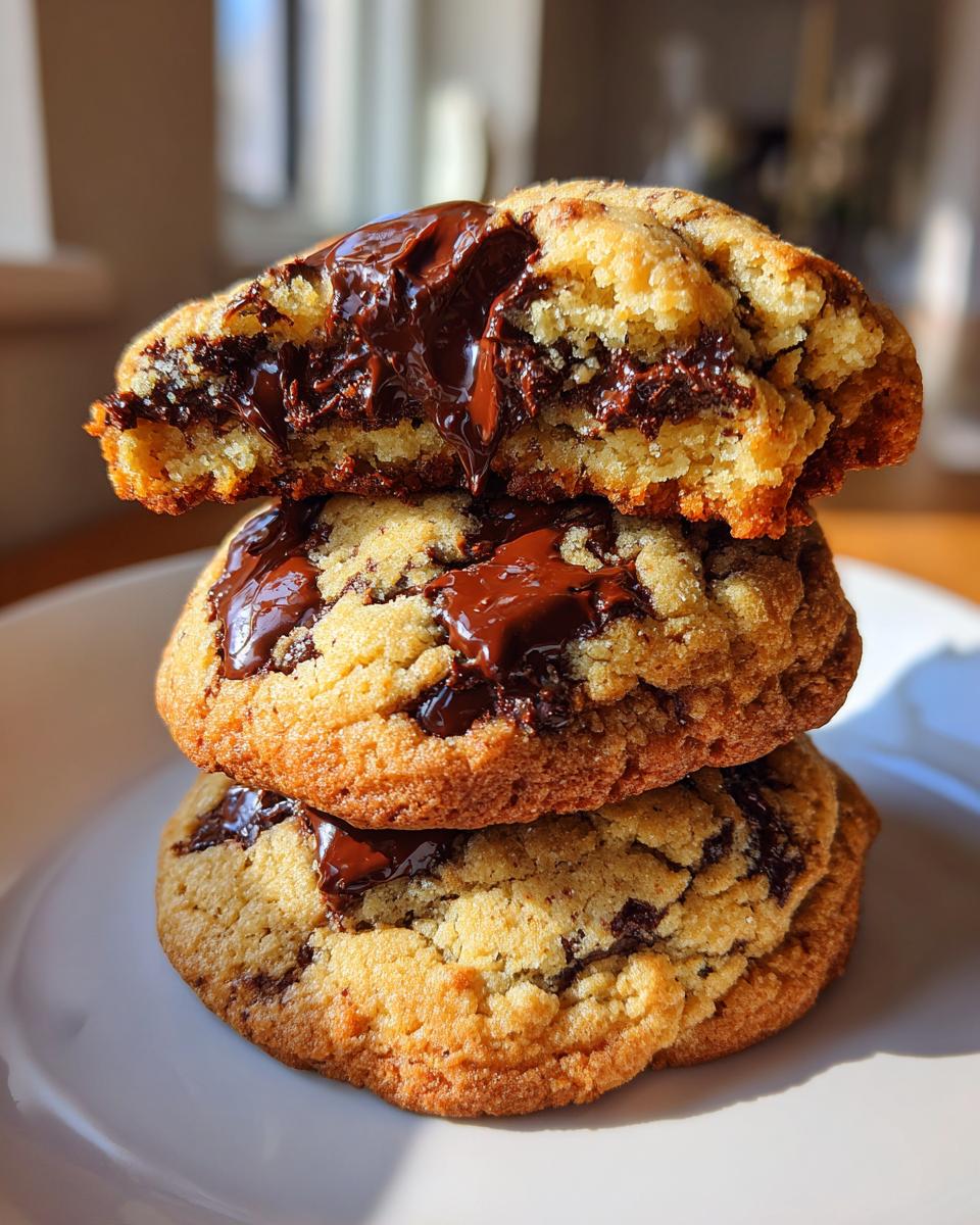 Stack of three decadent chewy chocolate chip cookies with melted chocolate oozing from the top cookie.