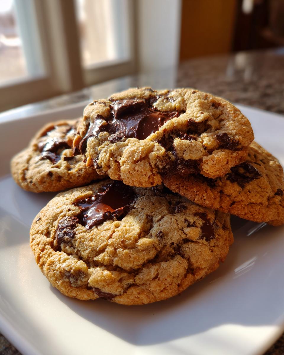 A stack of freshly baked, golden brown chewy chocolate chip cookies with gooey, melted chocolate centers.