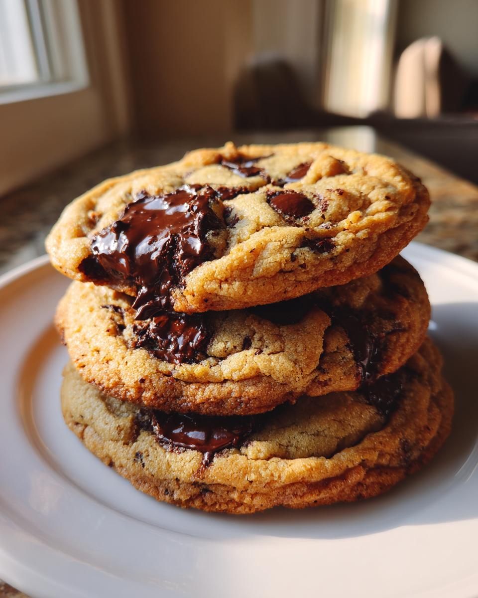 A stack of three golden brown chewy chocolate chip cookies featuring gooey, melted chocolate pools.