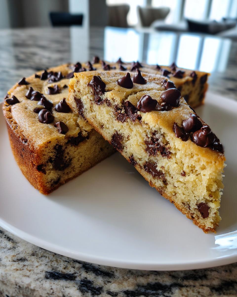 Two slices of a thick, chewy cookie cake recipe loaded with chocolate chips, served on a white plate.