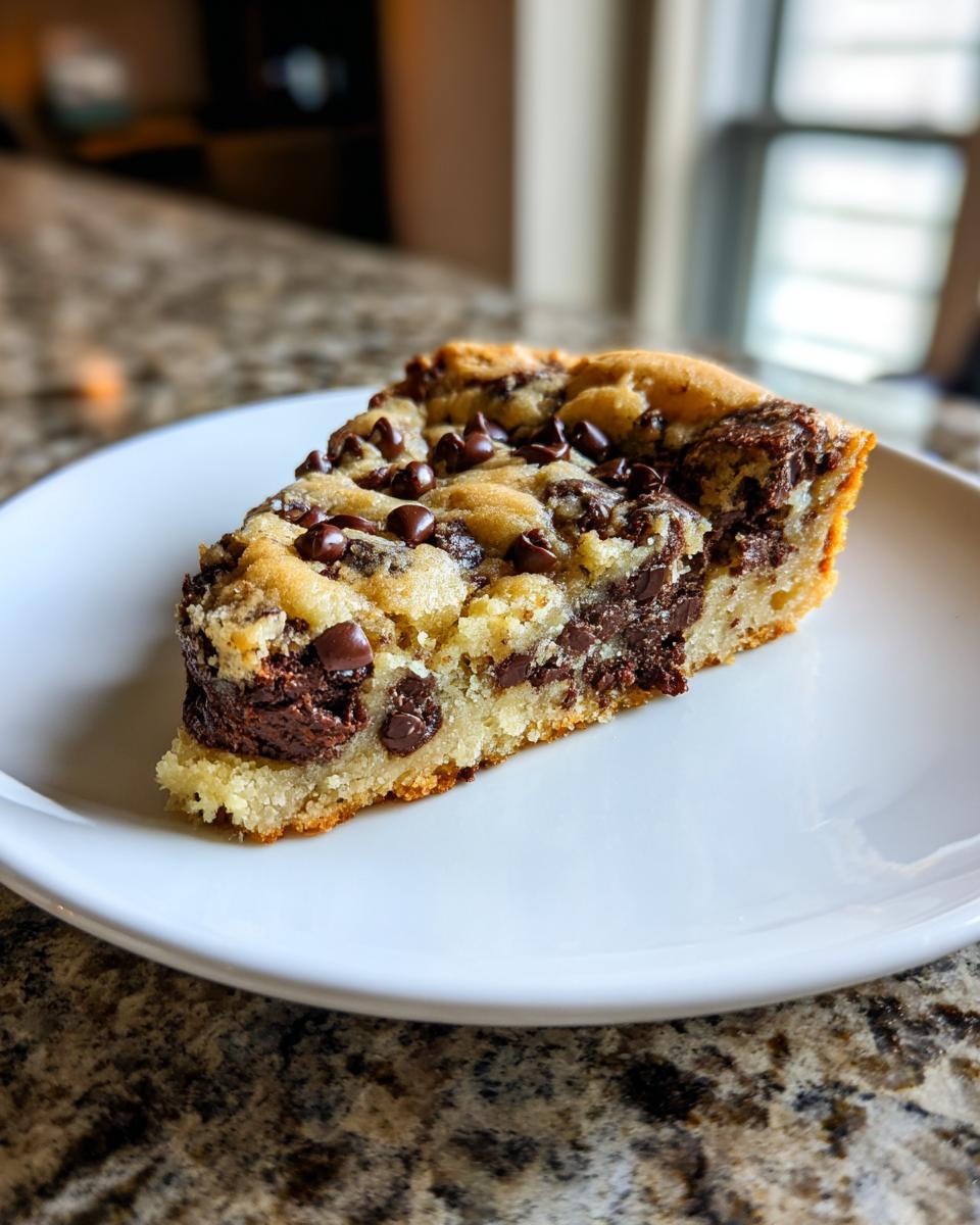 A thick slice of chewy cookie cake loaded with chocolate chips served on a white plate.