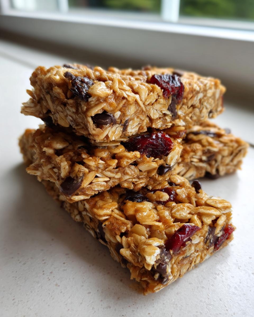 Close-up of a stack of homemade no bake granola bars featuring oats, chocolate chips, and dried cranberries.