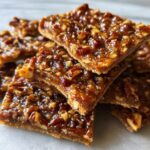 A stack of freshly cut, glossy squares of Pecan Pie Bark showing a crunchy base and sticky pecan topping.