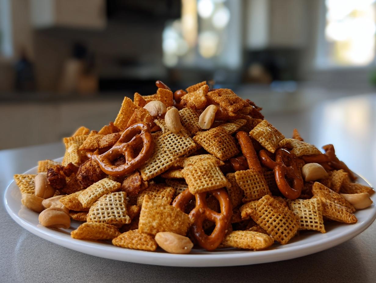 A large mound of savory, seasoned Chex party mix featuring Chex cereal, pretzels, and peanuts piled high on a white plate.