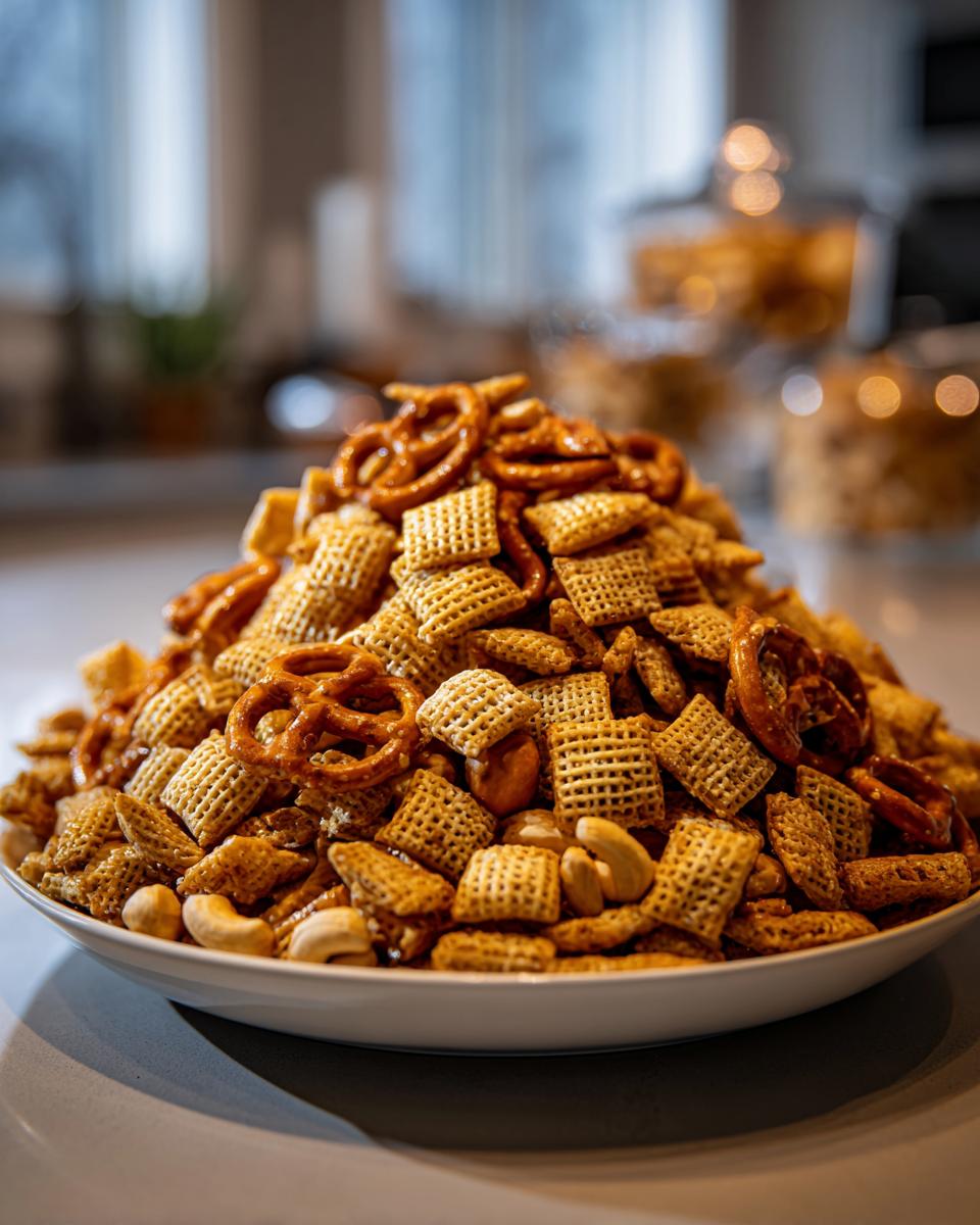 A large mound of homemade Chex party mix featuring Chex cereal, pretzels, and cashews piled high on a white serving dish.