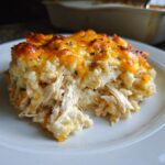 A close-up of a portion of chicken cauliflower rice casserole topped with melted, browned cheese on a white plate.