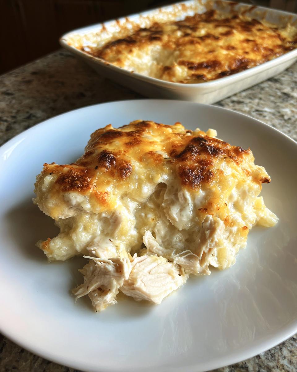 A close-up serving of creamy chicken cauliflower rice casserole with a bubbly, browned cheese topping on a white plate.