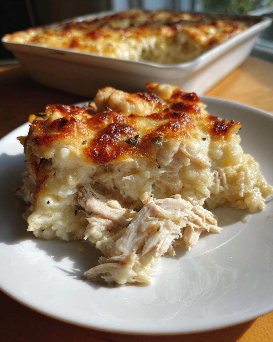 A close-up serving of chicken cauliflower rice casserole showing shredded chicken and a bubbly, browned cheese topping.