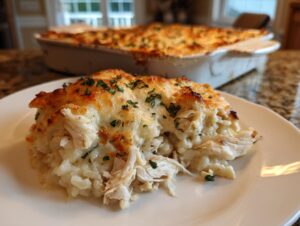 A close-up serving of creamy chicken cauliflower rice casserole topped with melted, browned cheese and parsley.