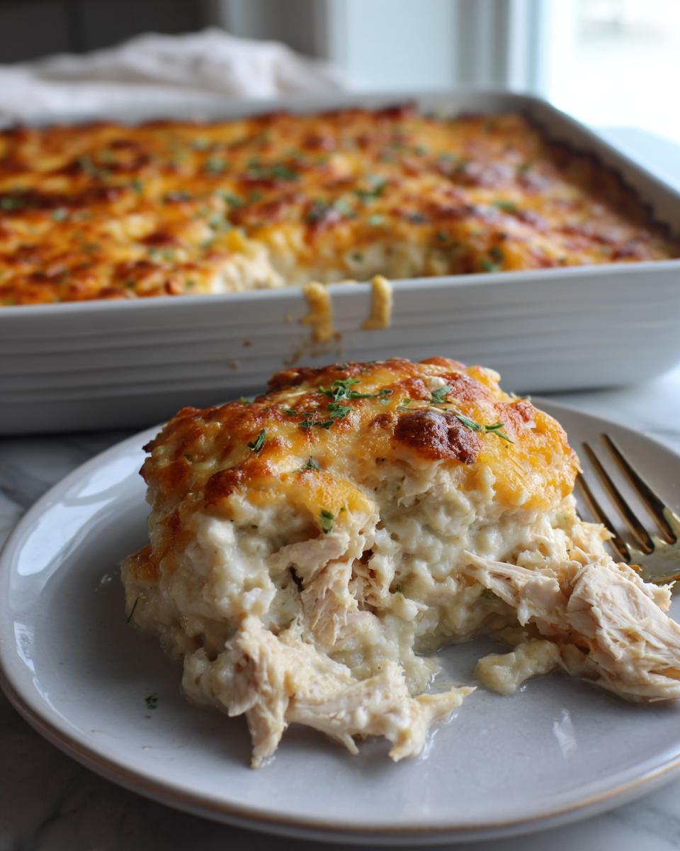A scoop of creamy chicken cauliflower rice casserole with shredded chicken visible, topped with melted, browned cheese.