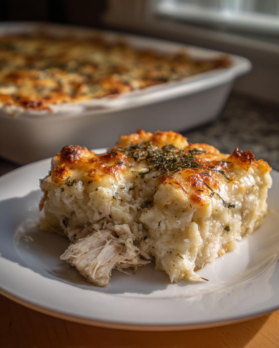A close-up serving of creamy chicken cauliflower rice casserole with a golden, cheesy crust and herbs.