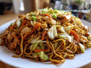 A close-up of a heaping plate of savory chicken chow mein recipe, featuring noodles, chicken pieces, cabbage, and carrots.