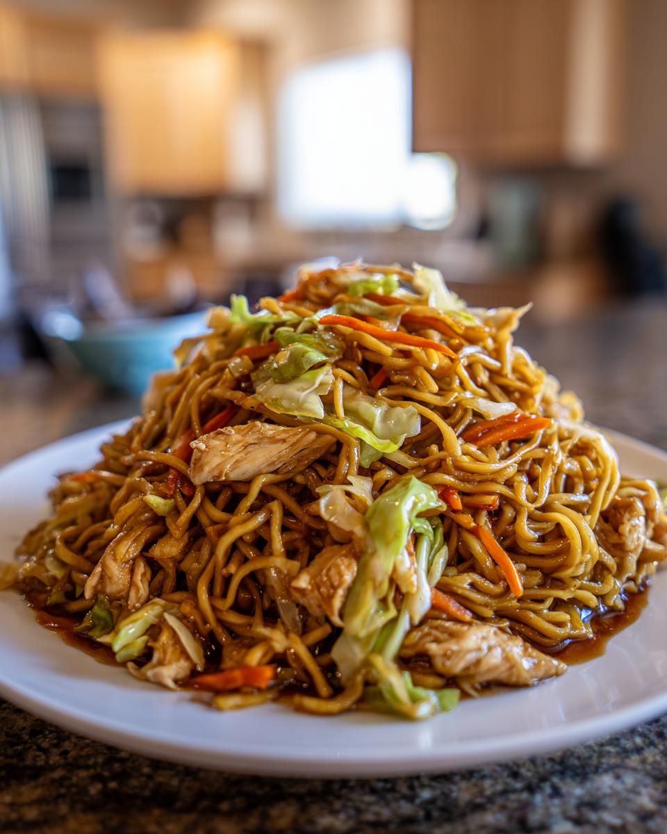 A large serving of homemade chicken chow mein recipe piled high on a white plate.