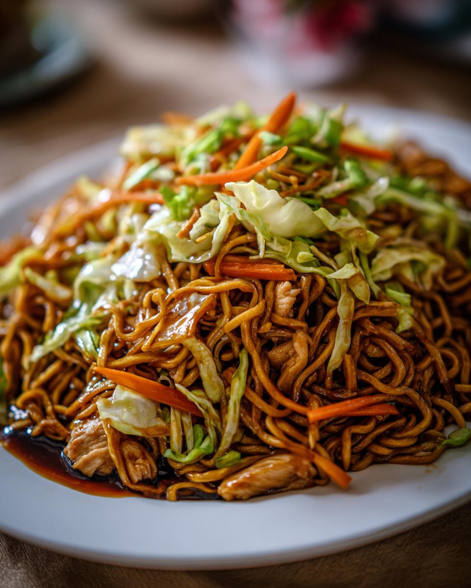 A close-up of a plate piled high with saucy chicken chow mein recipe noodles, cabbage, and carrots.
