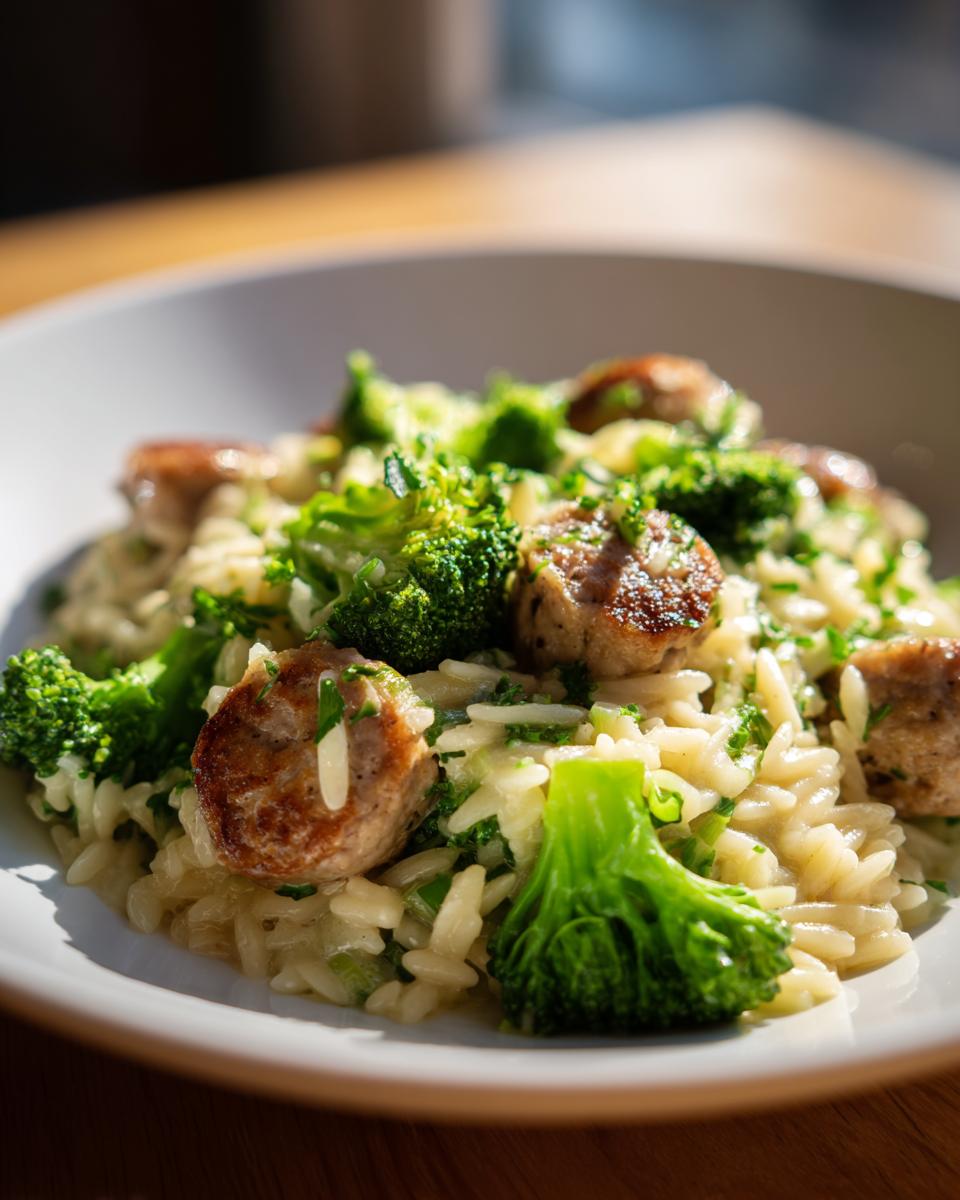 Close-up of creamy chicken sausage and broccoli orzo served in a white bowl, garnished with herbs.