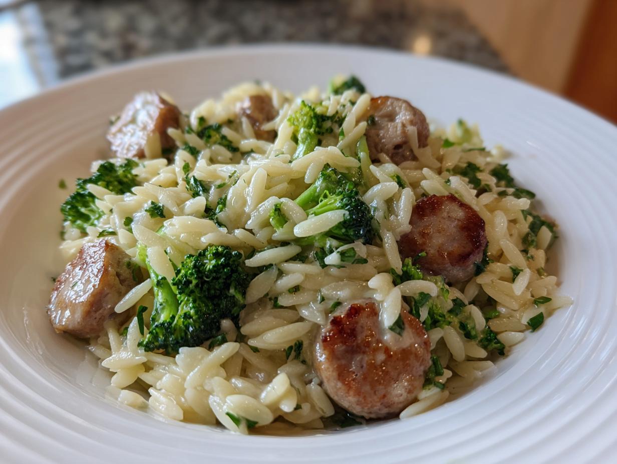 A close-up of a white bowl filled with creamy chicken sausage and broccoli orzo pasta.