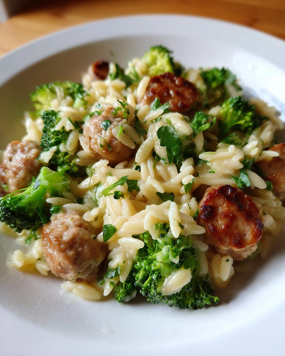 A close-up serving of creamy chicken sausage and broccoli orzo pasta, garnished with fresh parsley.
