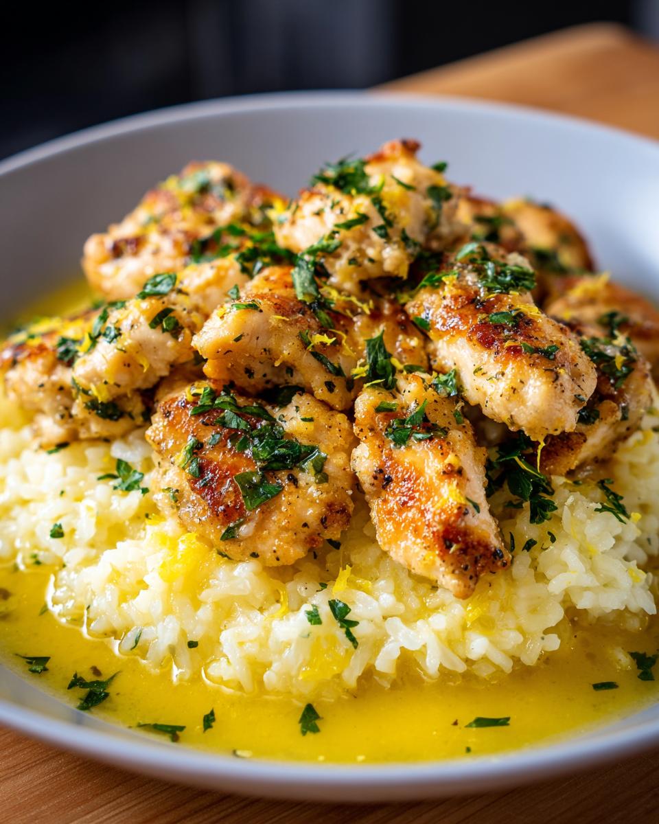 Close-up of pan-seared chicken scampi pieces served over creamy garlic parmesan rice with lemon zest and parsley.