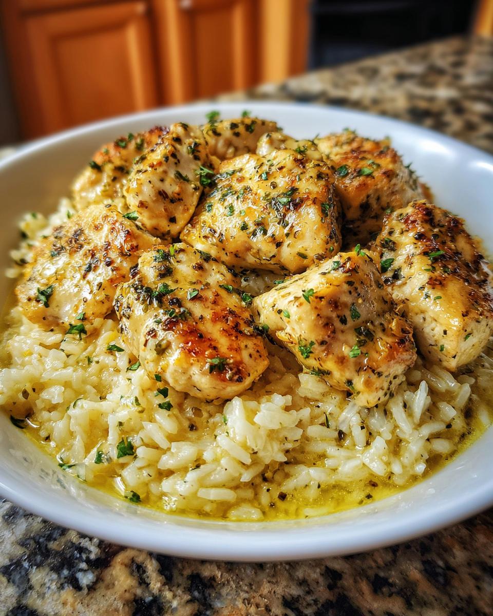 Close-up of golden-brown chicken scampi pieces served over creamy garlic parmesan rice in a white bowl.
