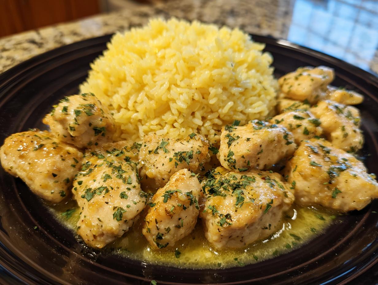Close-up of chicken scampi pieces coated in garlic butter sauce next to a mound of yellow garlic parmesan rice.