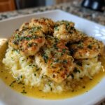 Golden pan-seared chicken scampi served over creamy garlic parmesan rice, drizzled with lemon butter sauce.