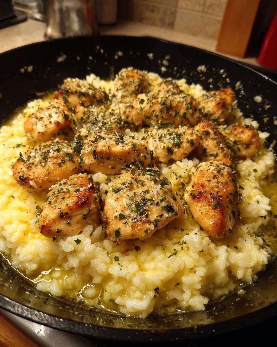 Close-up of golden chicken scampi pieces served over creamy garlic parmesan rice in a black skillet.