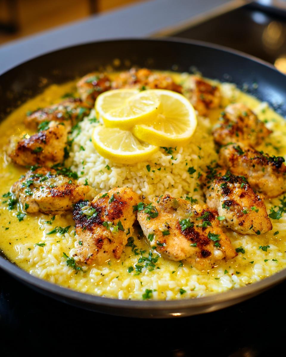 Golden seared chicken pieces served over garlic parmesan rice in a creamy sauce, garnished with lemon slices for chicken scampi.