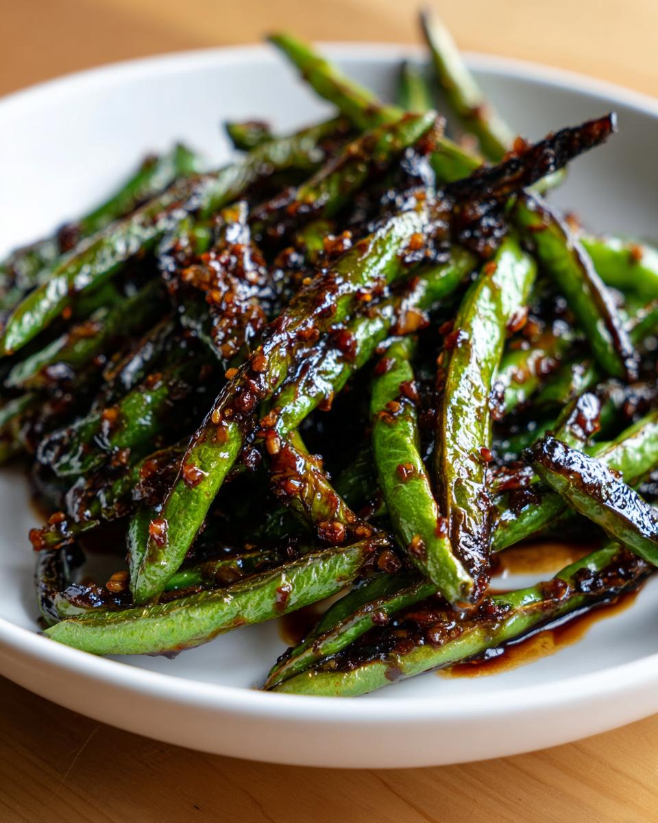 A close-up of perfectly cooked chinese green beans with garlic sauce, showing slight charring and glossy coating.