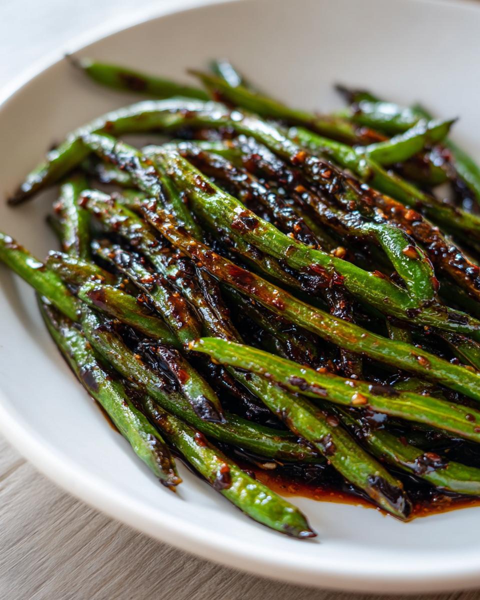 Close-up of vibrant green beans coated in a dark, glossy garlic sauce, ready to serve.