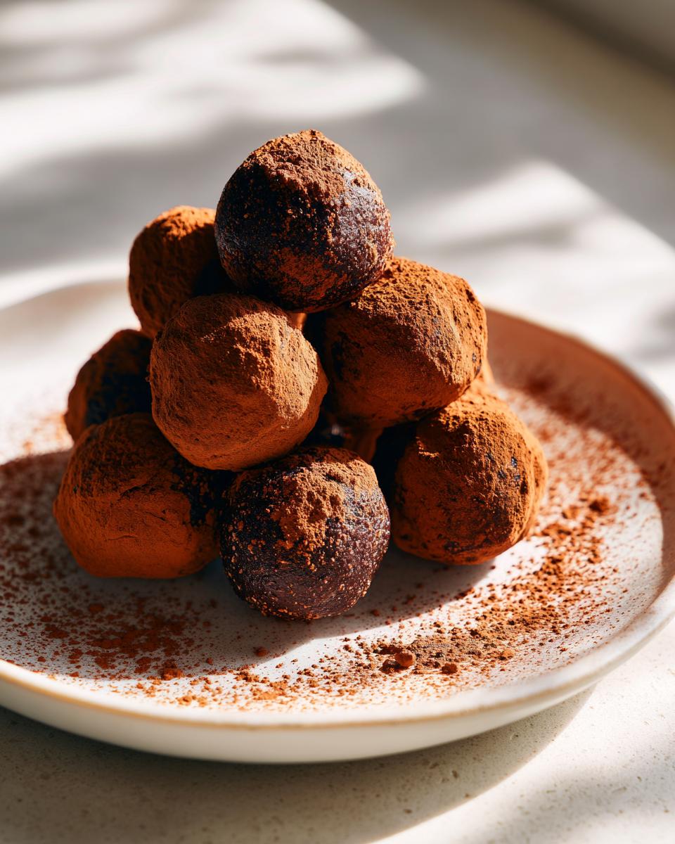 A stack of rich, dark chocolate protein balls heavily dusted with cocoa powder, resting on a speckled white plate.
