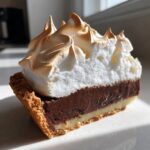 Close-up of a perfect slice of chocolate meringue pie showing layers of crust, cream, chocolate filling, and torched meringue.