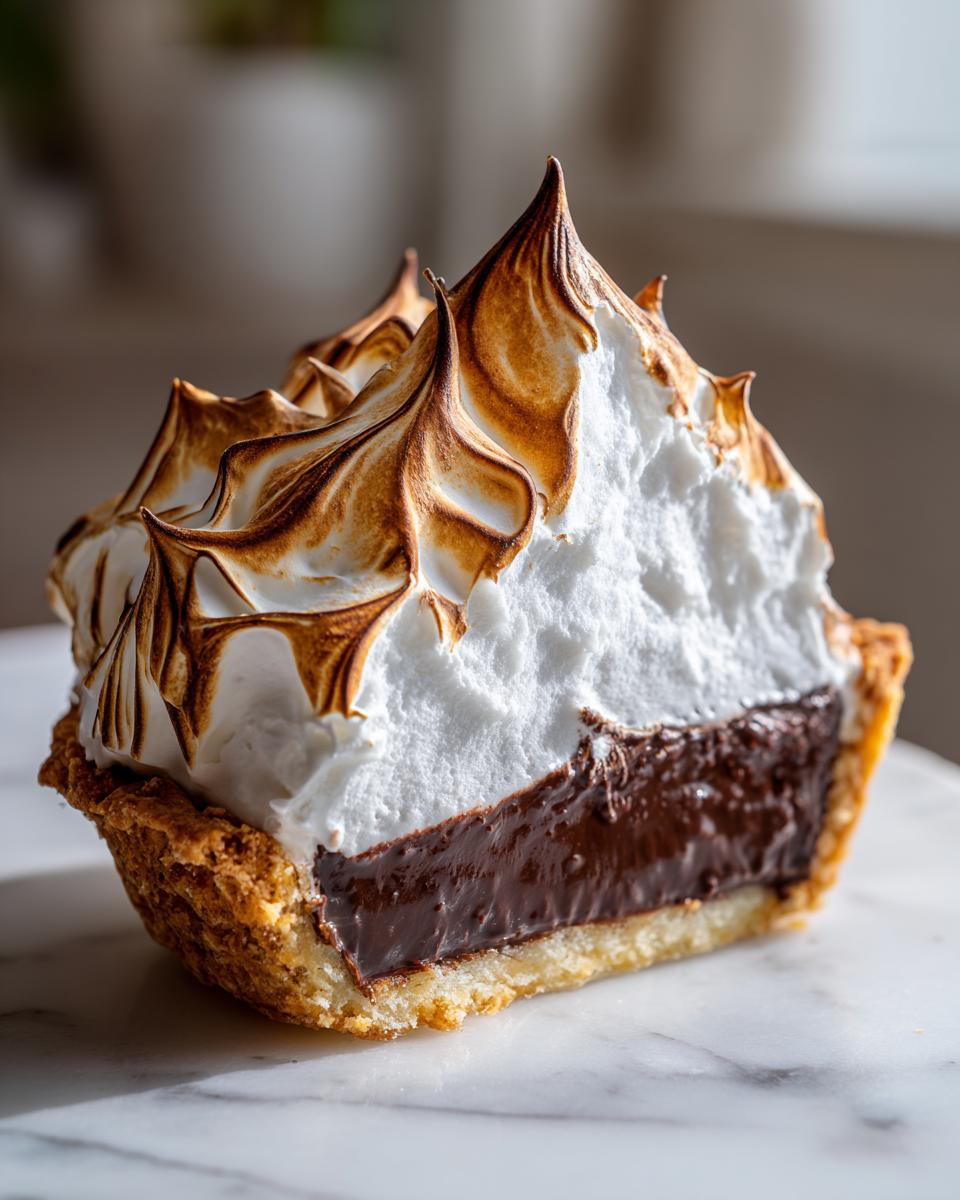 Close-up of a slice of chocolate meringue pie showing rich dark filling and perfectly torched meringue peaks.