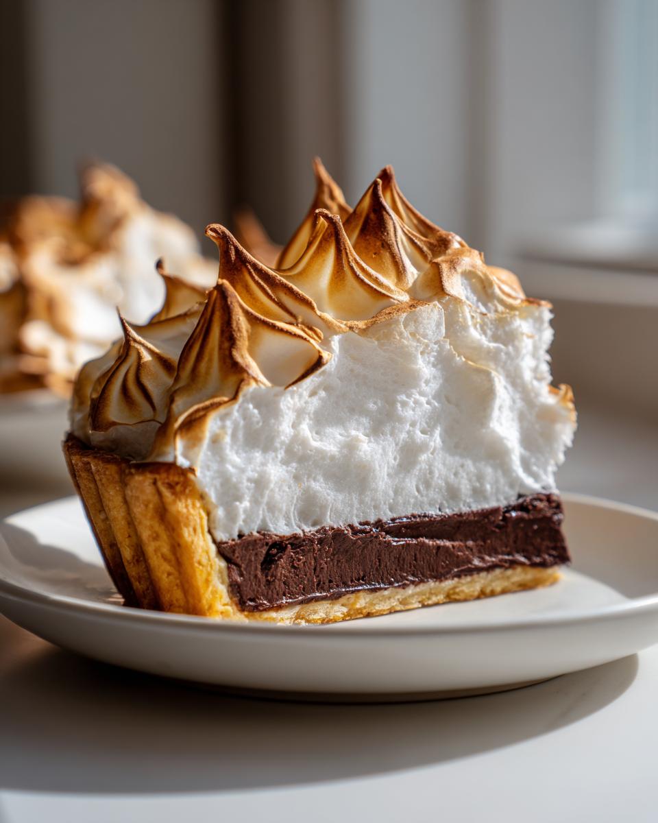 A tall slice of chocolate meringue pie showing a crisp crust, rich chocolate filling, and towering, perfectly browned meringue.